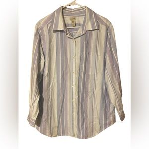 LL Bean Shirt Womens XL White Blue Striped Button Up Long Sleeve 100% Cotton Top